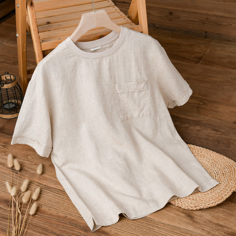 Buddha Stones Camisetas de manga corta para hombre, estilo casual de verano, minimalistas, lisas, con bolsillo de parche. - Lino - US/UK/AU42, EU52 (3XL) - image 0