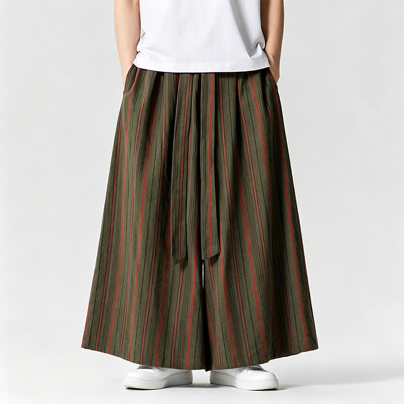 Buddha Stones Pantalones tobilleros de verano estilo vintage con cordón ajustable y rayas, pantalones de pierna ancha para hombre con bolsillo. - image 1