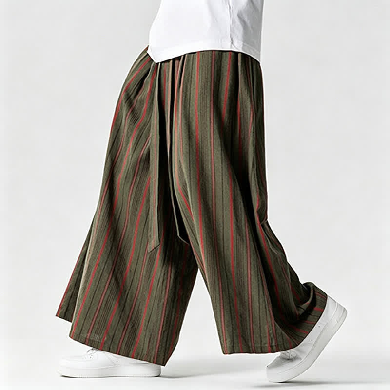 Buddha Stones Pantalones tobilleros de verano estilo vintage con cordón ajustable y rayas, pantalones de pierna ancha para hombre con bolsillo. - Verde oliva oscuro - US/UK/AU42, EU52 (3XL) - image 0