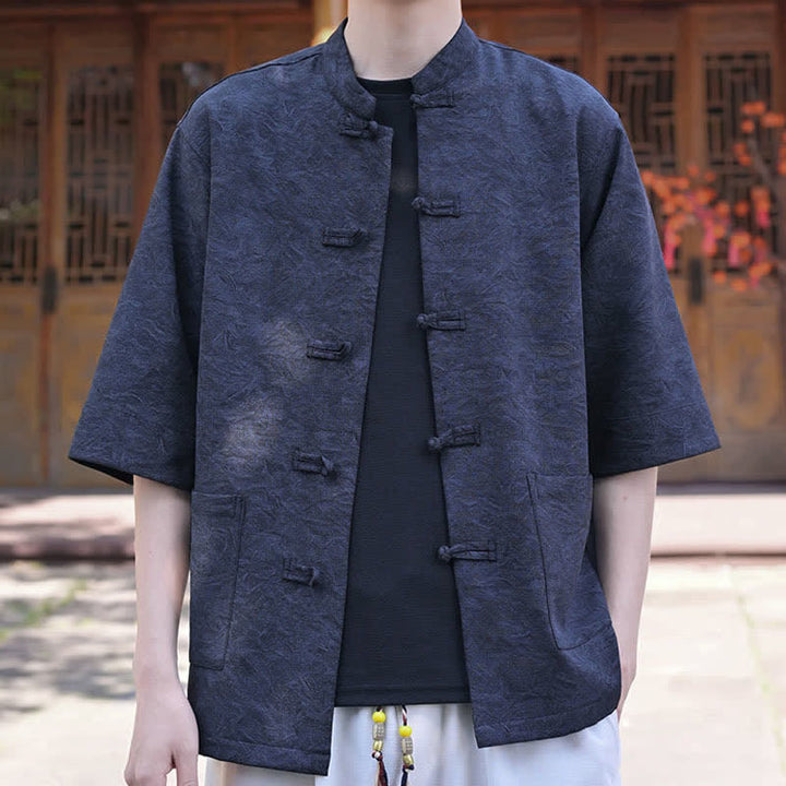 Buddha Stones Camisas de manga corta para hombre de estilo Summer Tang con cuello mandarín, botones de rana y bolsillo. - image 8