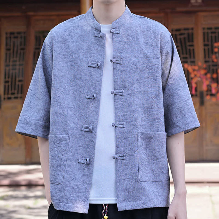 Buddha Stones Camisas de manga corta para hombre de estilo Summer Tang con cuello mandarín, botones de rana y bolsillo. - image 15