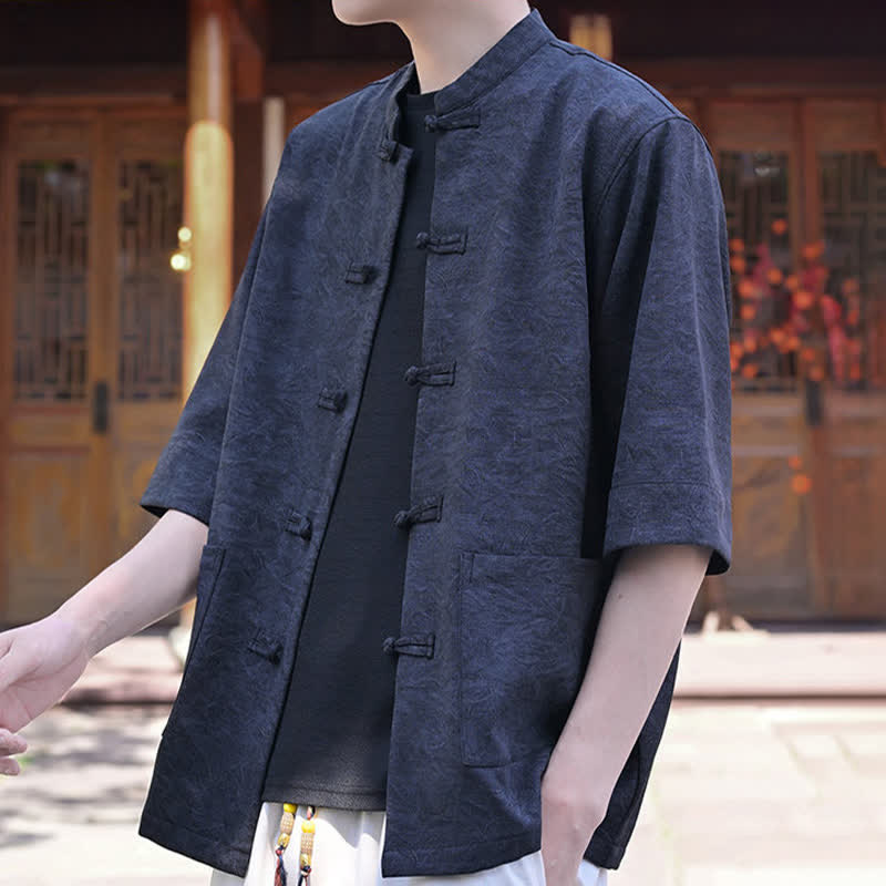 Buddha Stones Camisas de manga corta para hombre de estilo Summer Tang con cuello mandarín, botones de rana y bolsillo. - image 11