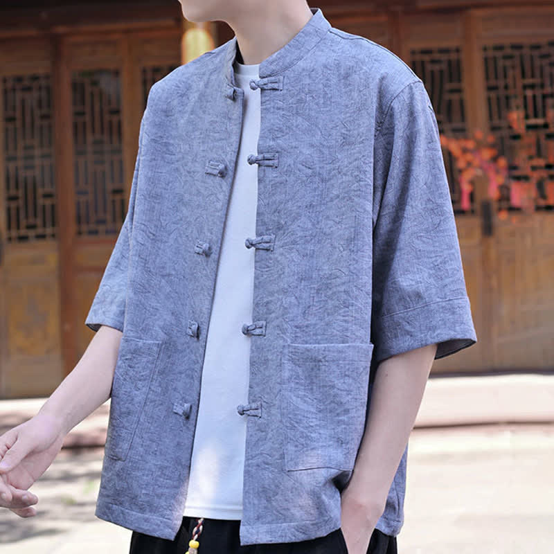 Buddha Stones Camisas de manga corta para hombre de estilo Summer Tang con cuello mandarín, botones de rana y bolsillo. - image 18