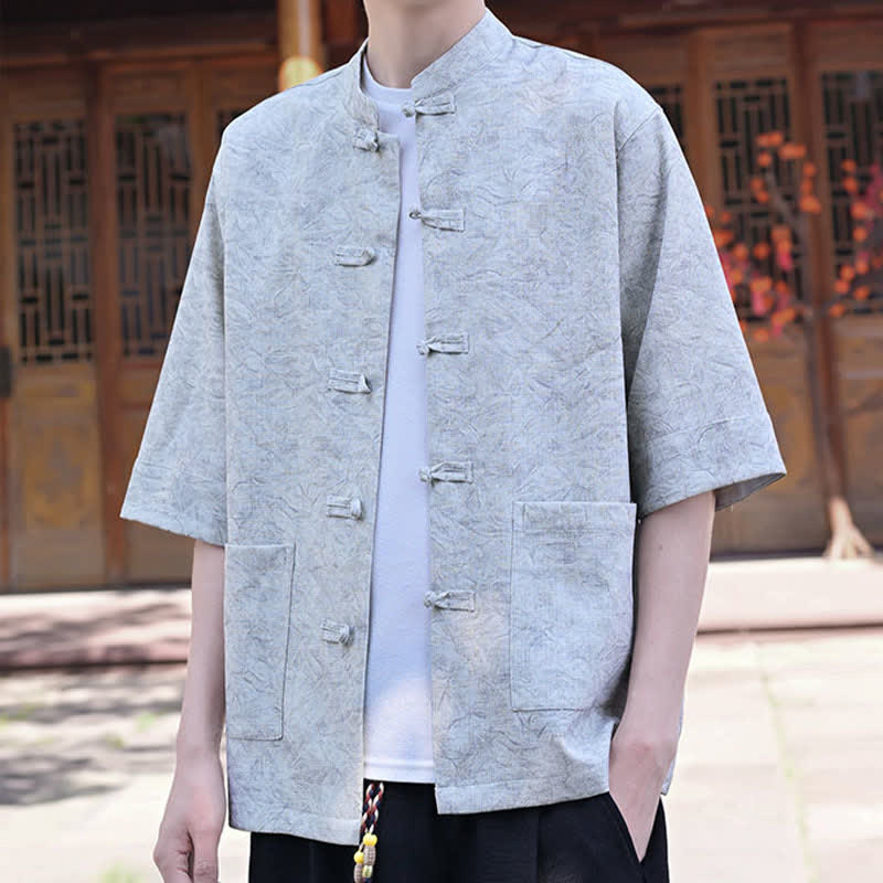 Buddha Stones Camisas de manga corta para hombre de estilo Summer Tang con cuello mandarín, botones de rana y bolsillo. - image 5
