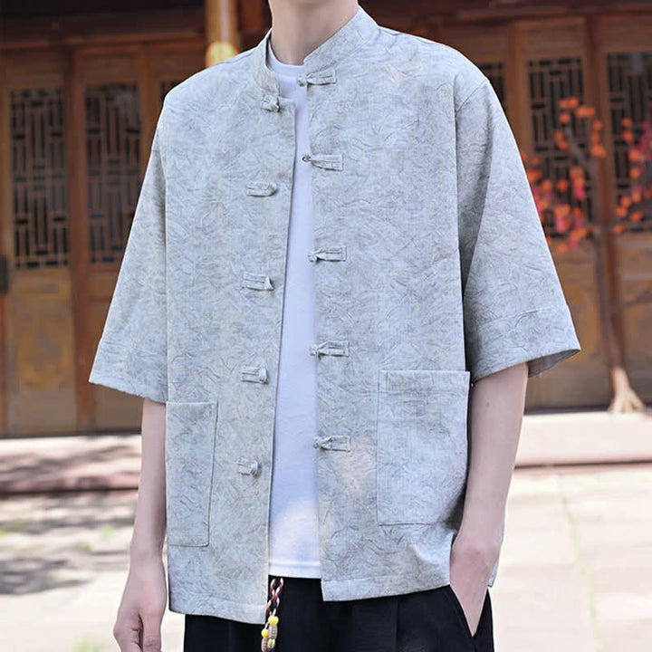 Buddha Stones Camisas de manga corta para hombre de estilo Summer Tang con cuello mandarín, botones de rana y bolsillo. - image 5