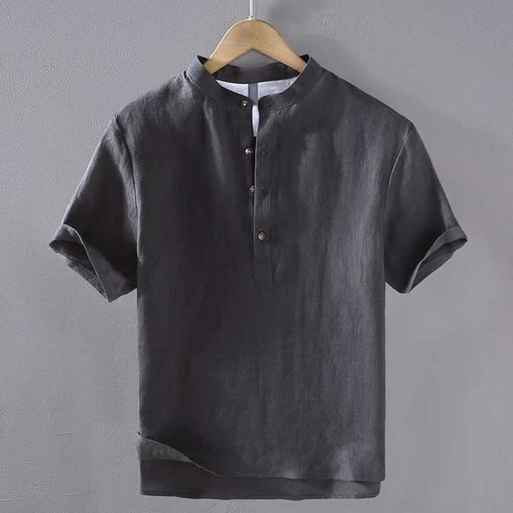 Buddha Stones Camisas de manga corta para hombre de lino liso con cuello mandarín, estilo casual de verano Tang. - Gris pizarra oscuro - US/UK/AU42, EU52 (3XL) - image 12