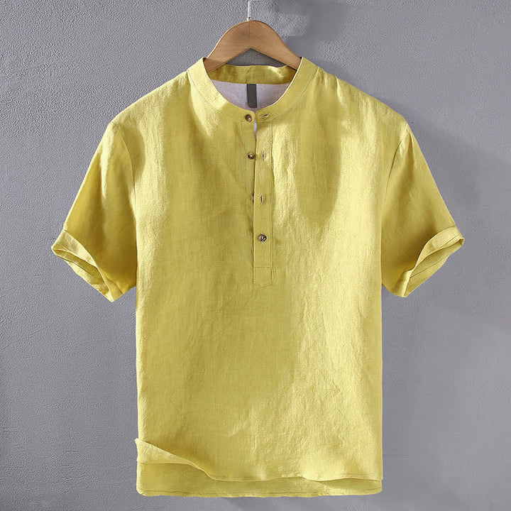 Buddha Stones Camisas de manga corta para hombre de lino liso con cuello mandarín, estilo casual de verano Tang. - Amarillo - US/UK/AU42, EU52 (3XL) - image 13