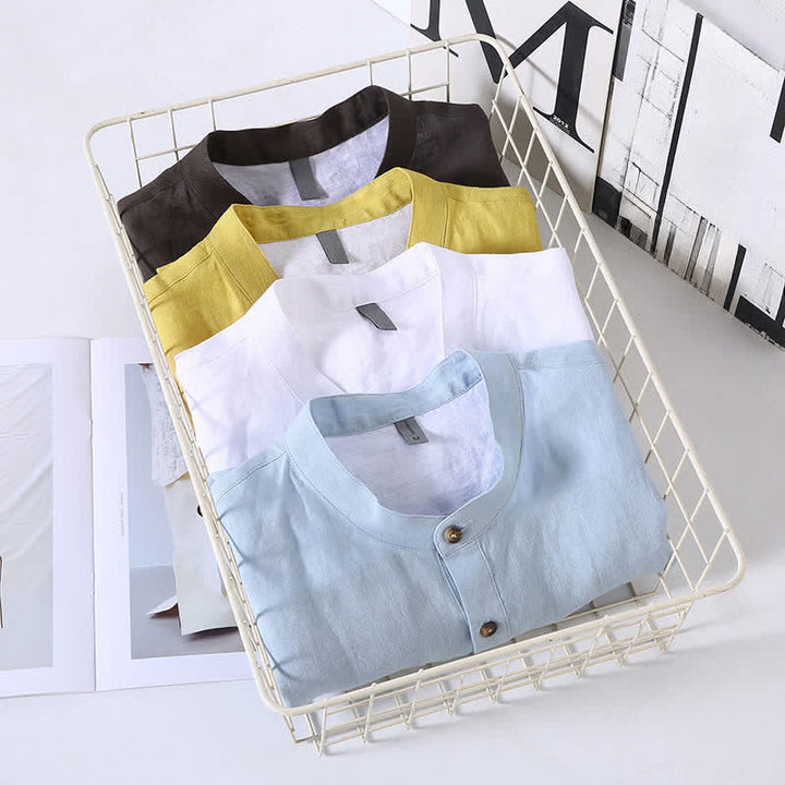 Buddha Stones Camisas de manga corta para hombre de lino liso con cuello mandarín, estilo casual de verano Tang. - image 15