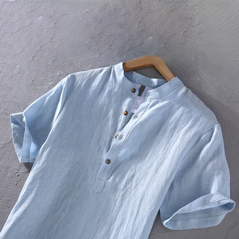 Buddha Stones Camisas de manga corta para hombre de lino liso con cuello mandarín, estilo casual de verano Tang. - image 3