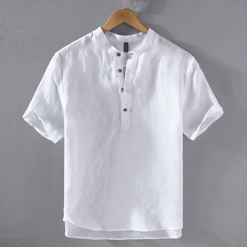 Buddha Stones Camisas de manga corta para hombre de lino liso con cuello mandarín, estilo casual de verano Tang. - Blanco - US/UK/AU42, EU52 (3XL) - image 14