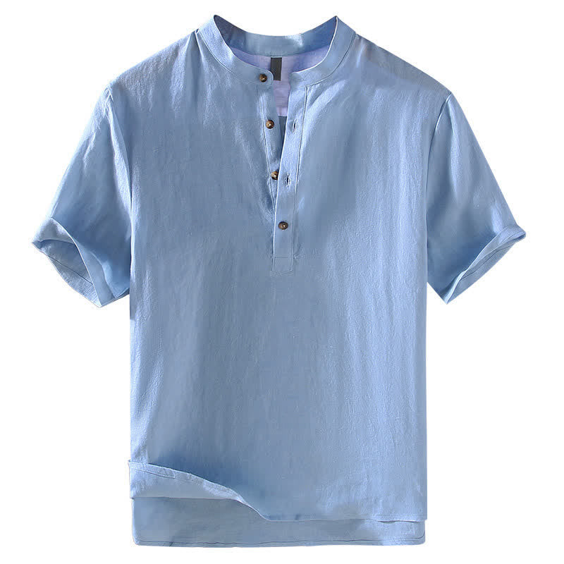 Buddha Stones Camisas de manga corta para hombre de lino liso con cuello mandarín, estilo casual de verano Tang. - image 1