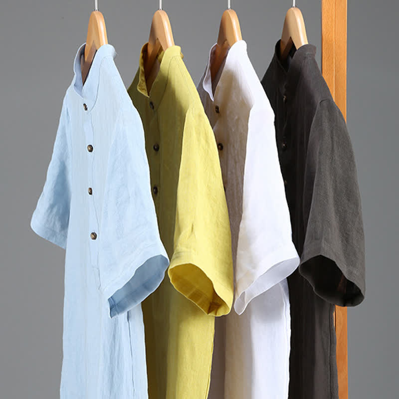 Buddha Stones Camisas de manga corta para hombre de lino liso con cuello mandarín, estilo casual de verano Tang. - image 16