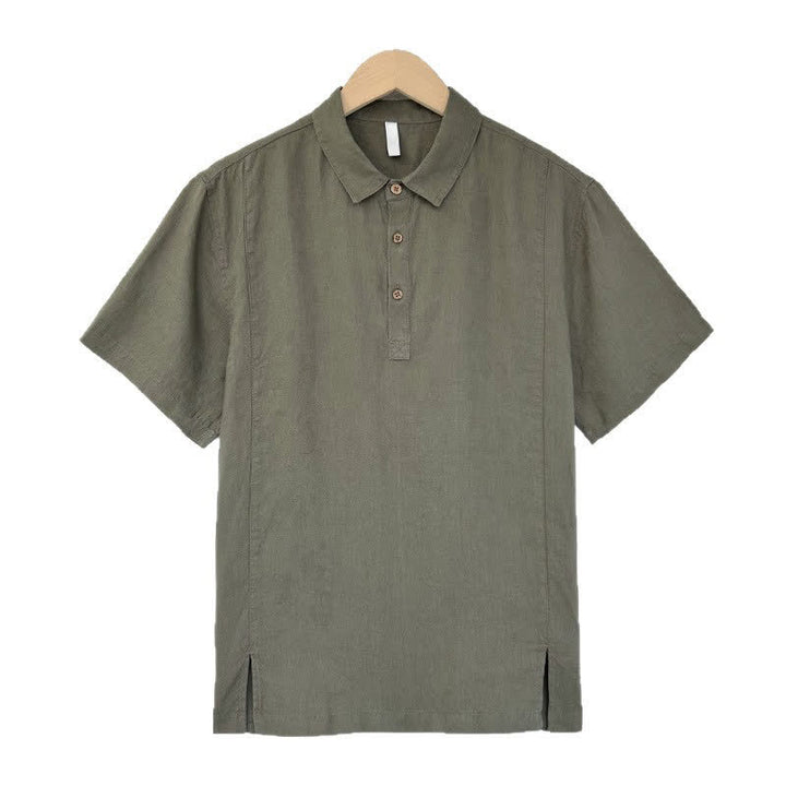 Buddha Stones Camisas de manga corta de lino liso para hombre, estilo casual de verano, con abertura lateral. - Verde oliva oscuro - US/UK/AU44, EU54 (4XL) - image 8