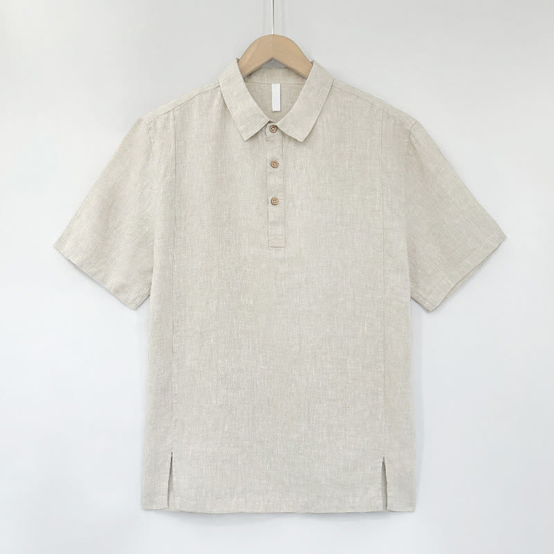 Buddha Stones Camisas de manga corta de lino liso para hombre, estilo casual de verano, con abertura lateral. - Beige - US/UK/AU44, EU54 (4XL) - image 11