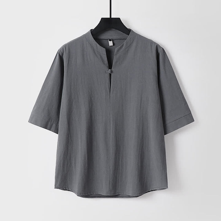 Buddha Stones Conjunto de 2 piezas para primavera/verano, estilo casual Tang, camisa con cordón ajustable, pantalones cortos lisos, ropa de meditación para hombre con bolsillo. - image 1