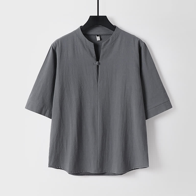 Buddha Stones Conjunto de 2 piezas para primavera/verano, estilo casual Tang, camisa con cordón ajustable, pantalones cortos lisos, ropa de meditación para hombre con bolsillo. - image 1