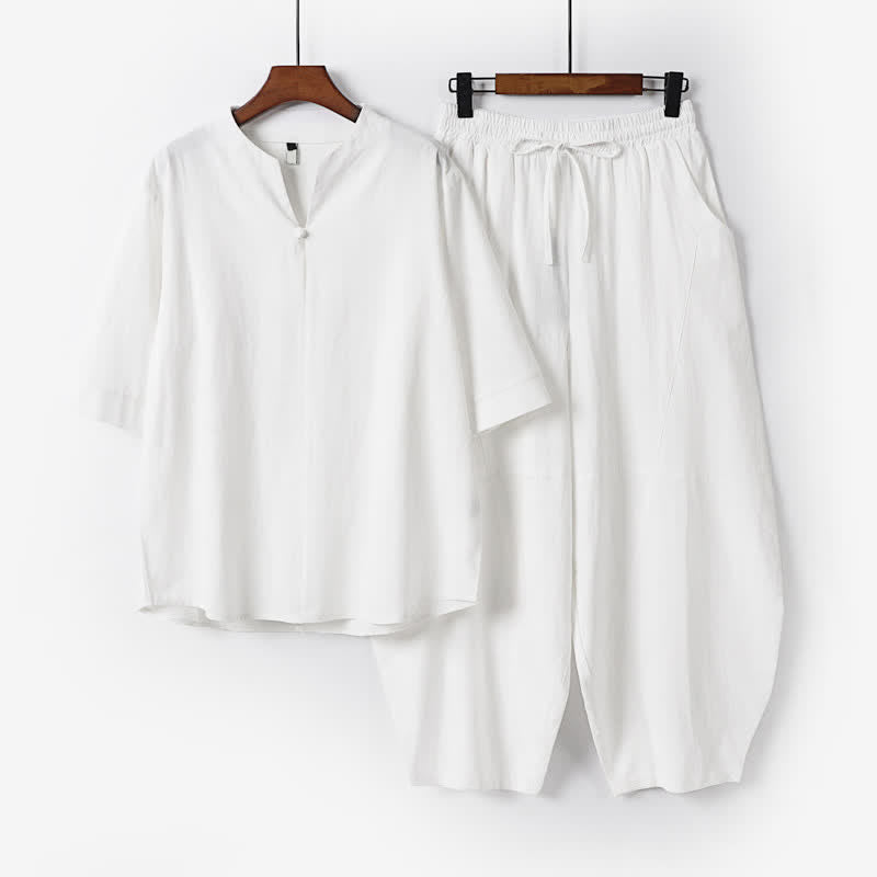 Buddha Stones Conjunto de 2 piezas para primavera/verano, estilo casual Tang, camisa con cordón ajustable, pantalones cortos lisos, ropa de meditación para hombre con bolsillo. - Blanco - US/UK/AU54, EU64 (9XL) - image 15