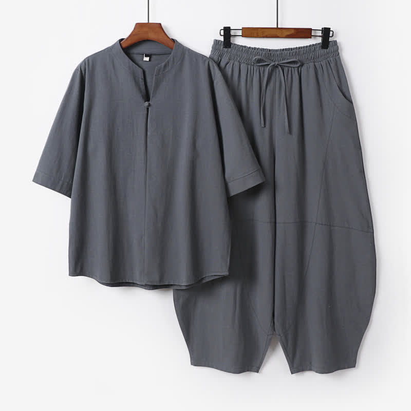 Buddha Stones Conjunto de 2 piezas para primavera/verano, estilo casual Tang, camisa con cordón ajustable, pantalones cortos lisos, ropa de meditación para hombre con bolsillo. - Gris pizarra - US/UK/AU54, EU64 (9XL) - image 0