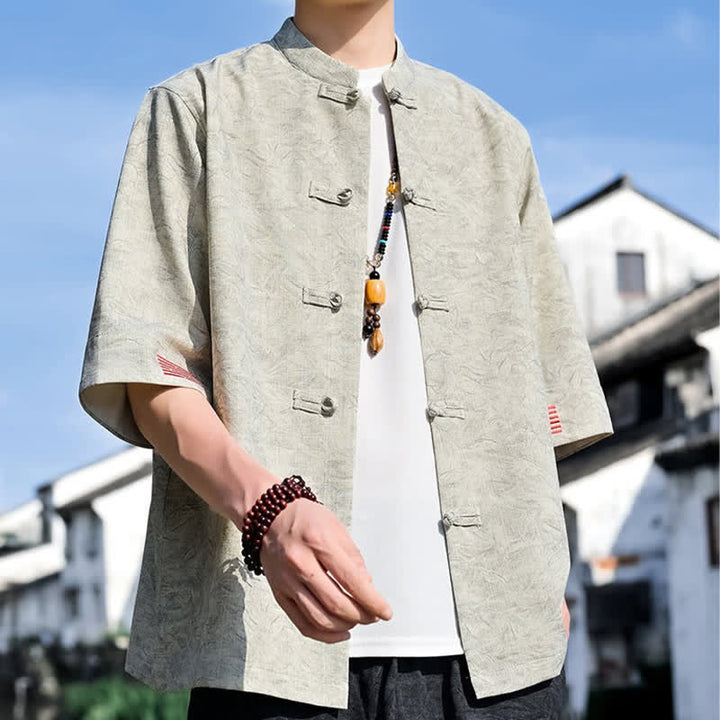 Buddha Stones Camisas de manga corta para hombre, color liso, con cuello mandarín y botones de rana, estilo verano Tang. - image 3