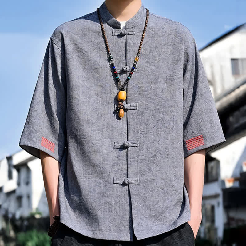 Buddha Stones Camisas de manga corta para hombre, color liso, con cuello mandarín y botones de rana, estilo verano Tang. - Gris claro - US/UK/AU46, EU56 (5XL) - image 12