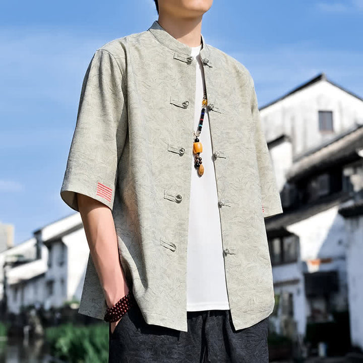 Buddha Stones Camisas de manga corta para hombre, color liso, con cuello mandarín y botones de rana, estilo verano Tang. - image 2