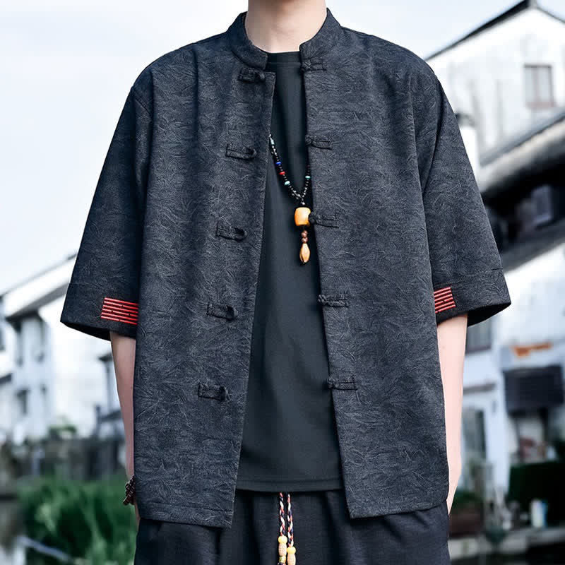 Buddha Stones Camisas de manga corta para hombre, color liso, con cuello mandarín y botones de rana, estilo verano Tang. - Negro - US/UK/AU46, EU56 (5XL) - image 5