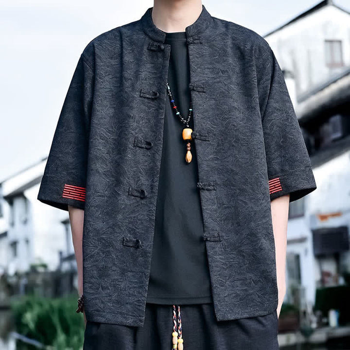Buddha Stones Camisas de manga corta para hombre, color liso, con cuello mandarín y botones de rana, estilo verano Tang. - Negro - US/UK/AU46, EU56 (5XL) - image 5