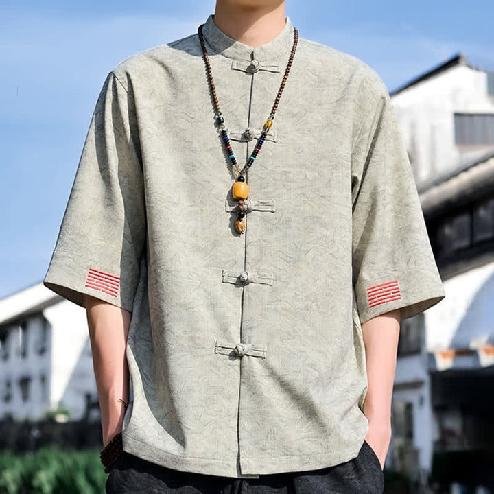 Buddha Stones Camisas de manga corta para hombre, color liso, con cuello mandarín y botones de rana, estilo verano Tang. - image 1