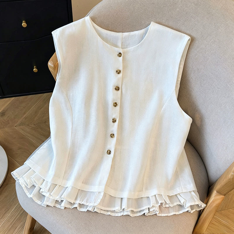 Buddha Stones Camiseta sin mangas elegante de verano con cuello redondo y botones para mujer. - image 1