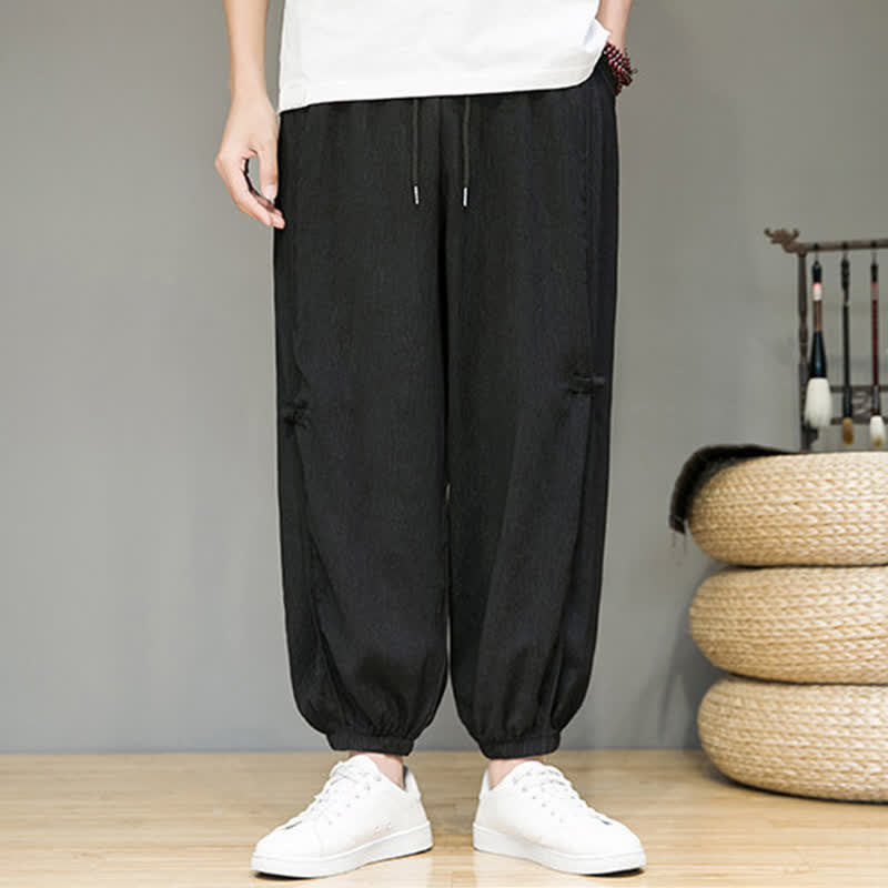 Buddha Stones Pantalones cortos minimalistas informales de verano con cordón ajustable, pantalones harem para hombre con bolsillo. - image 1