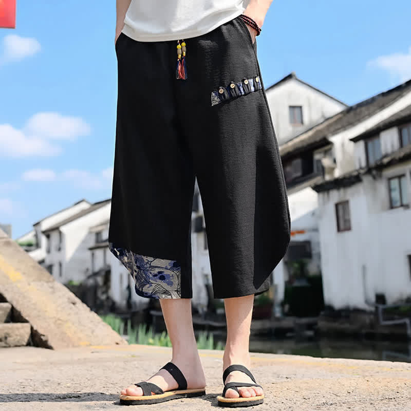 Buddha Stones Pantalones capri florales de verano estilo vintage con cordón ajustable para hombre, estilo harem con bolsillo. - Negro - US/UK/AU46, EU56 (5XL) - image 0