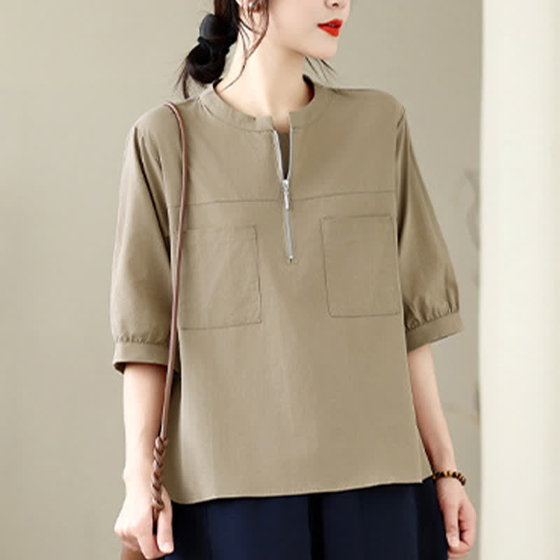 Buddha Stones Camisa de manga corta para mujer, de estilo casual minimalista de verano, con cremallera de un cuarto y bolsillo de parche. - image 1