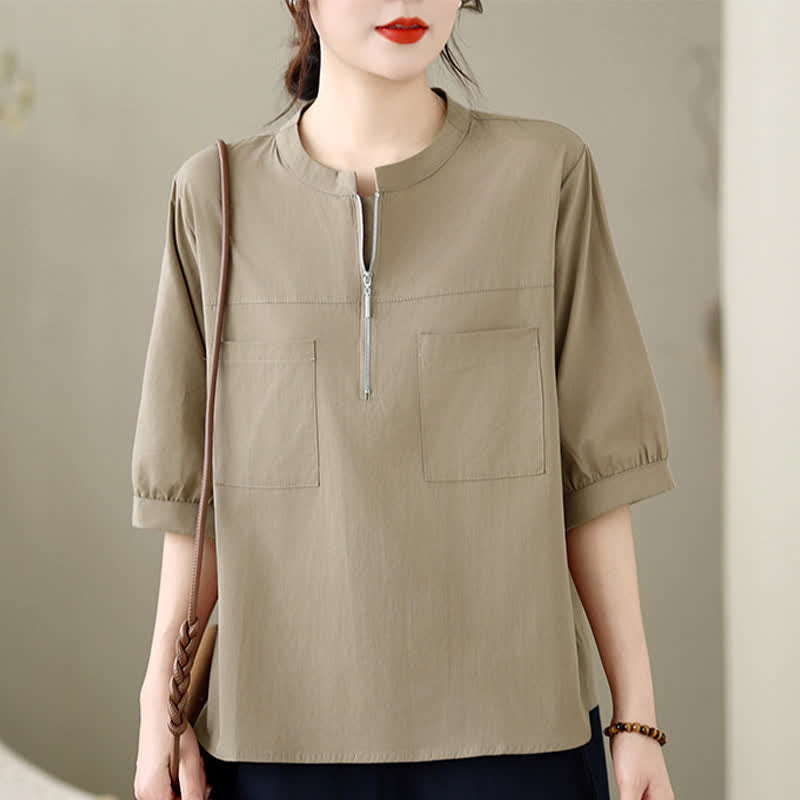 Buddha Stones Camisa de manga corta para mujer, de estilo casual minimalista de verano, con cremallera de un cuarto y bolsillo de parche. - Broncearse - US12, UK/AU16, EU44 (2XL) - image 0