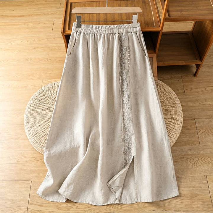 Buddha Stones Faldas de mujer informales de verano estilo vintage con abertura lateral, estampado floral liso y bolsillo. - Beige - US8-10, UK/AU12-14, EU40-42 (2XL) - image 0