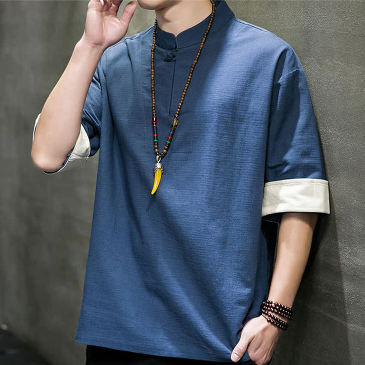 Buddha Stones Camisas de manga corta para hombre, estilo Tang de verano, con cuello mandarín y color liso. - image 3