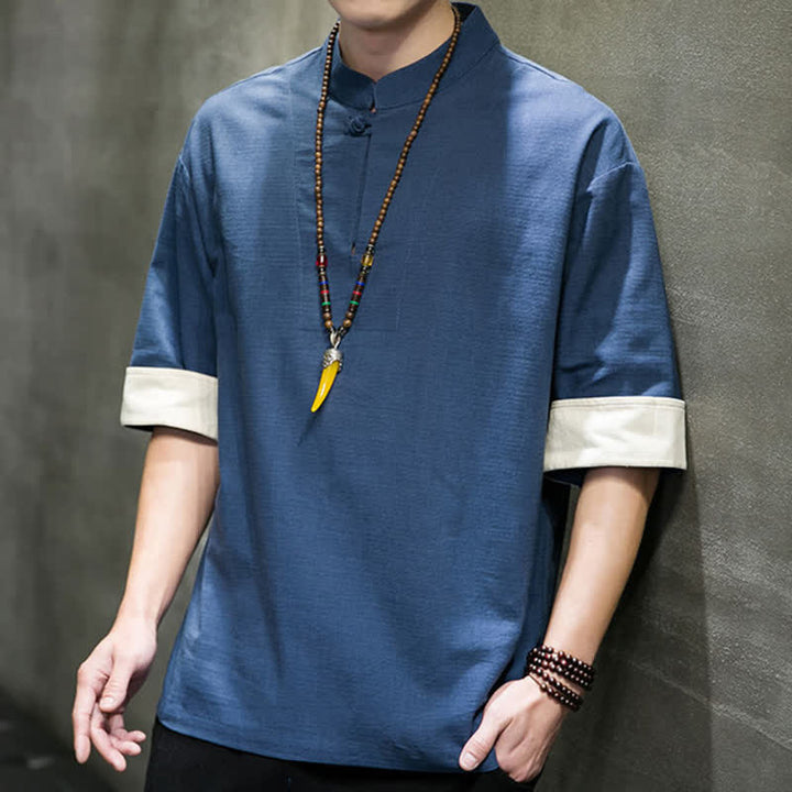 Buddha Stones Camisas de manga corta para hombre, estilo Tang de verano, con cuello mandarín y color liso. - image 7