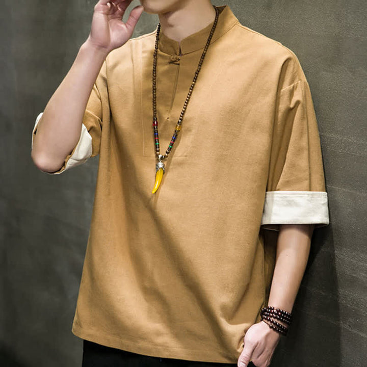 Buddha Stones Camisas de manga corta para hombre, estilo Tang de verano, con cuello mandarín y color liso. - image 13