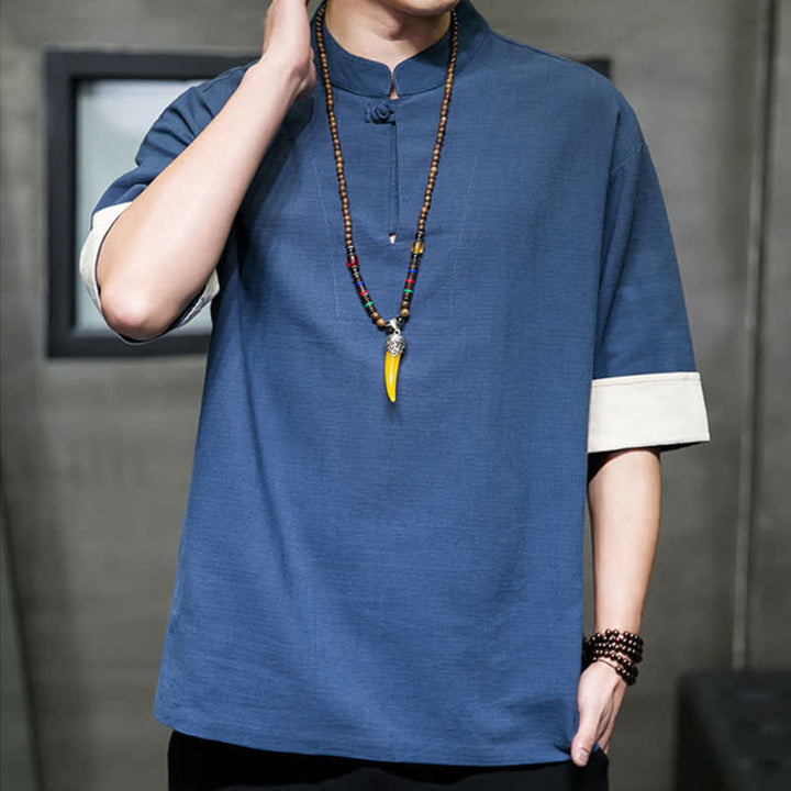 Buddha Stones Camisas de manga corta para hombre, estilo Tang de verano, con cuello mandarín y color liso. - image 5