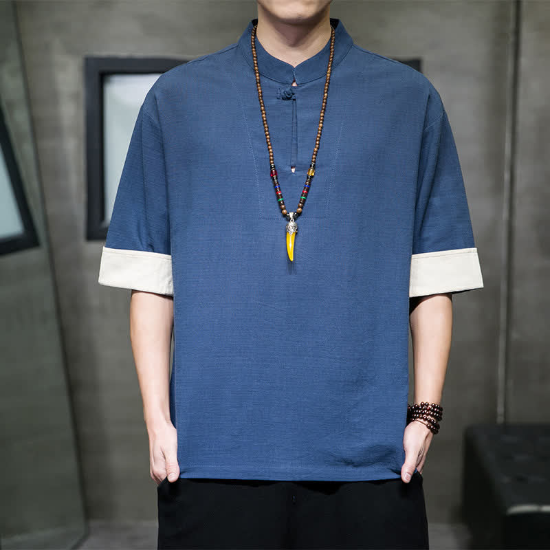 Buddha Stones Camisas de manga corta para hombre, estilo Tang de verano, con cuello mandarín y color liso. - Azul acero - US/UK/AU46, EU56 (5XL) - image 0