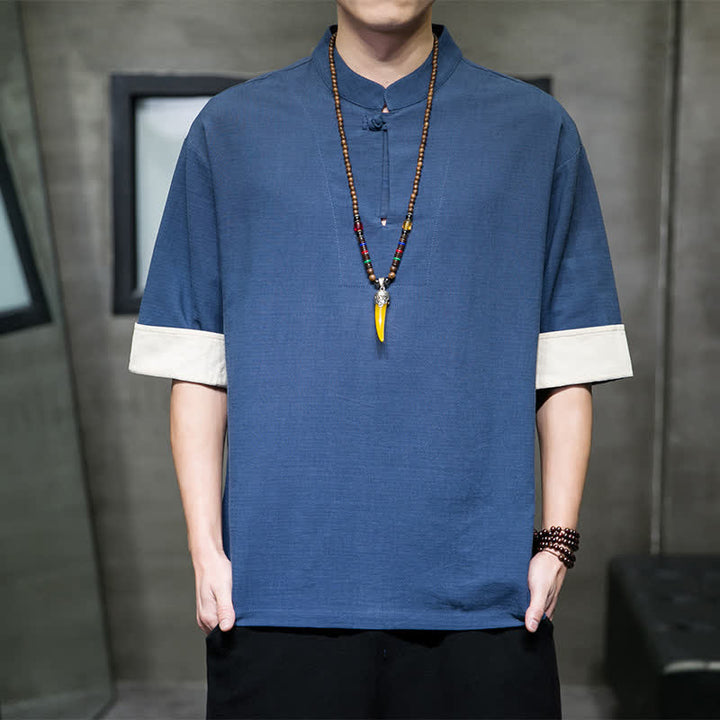 Buddha Stones Camisas de manga corta para hombre, estilo Tang de verano, con cuello mandarín y color liso. - Azul acero - US/UK/AU46, EU56 (5XL) - image 0