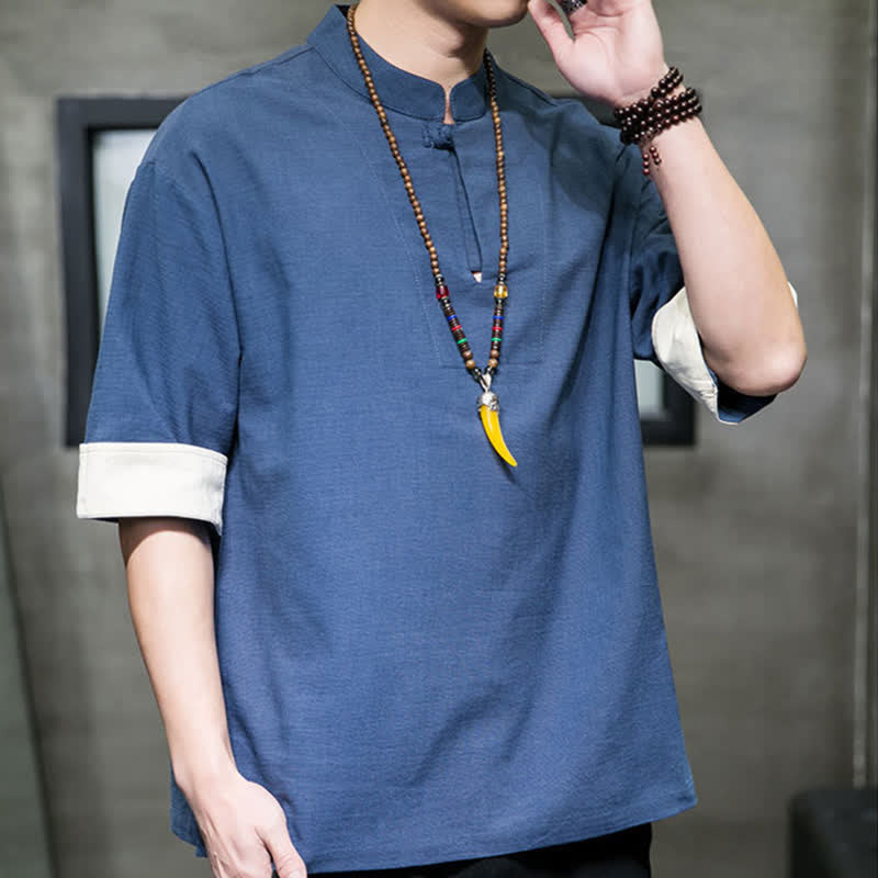 Buddha Stones Camisas de manga corta para hombre, estilo Tang de verano, con cuello mandarín y color liso. - image 2