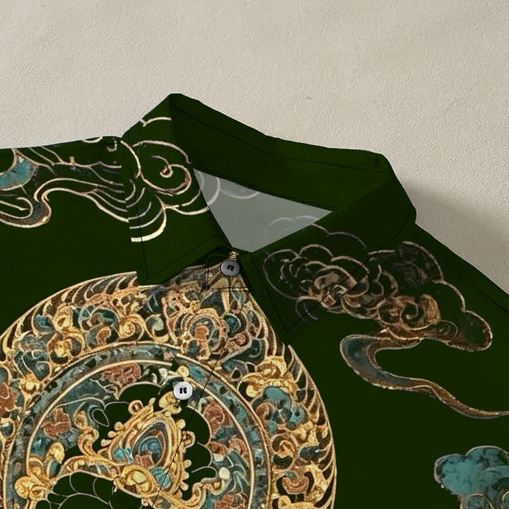 Buddha Stones Camisa de manga corta para hombre con botones y estampado de nubes y Buda dorado, resistente a las arrugas. - image 7