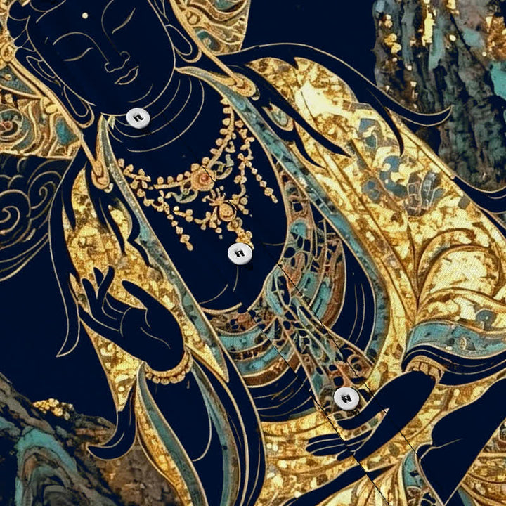 Buddha Stones Camisa de manga corta para hombre con botones y estampado de nubes y Buda dorado, resistente a las arrugas. - image 13