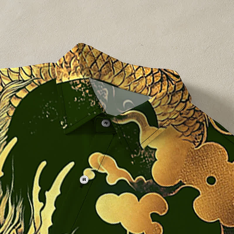 Buddha Stones Camisa de manga corta para hombre con botones y estampado de nube de dragón dorado, resistente a las arrugas. - image 12