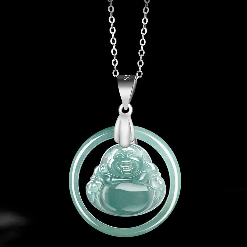 Buddha Stones de plata de ley 925, colgante de collar de cadena de abundancia de Buda sonriente redondo de Jade Natural