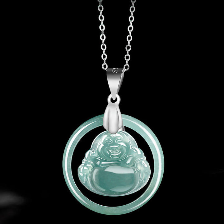 Buddha Stones de plata de ley 925, colgante de collar de cadena de abundancia de Buda sonriente redondo de Jade Natural