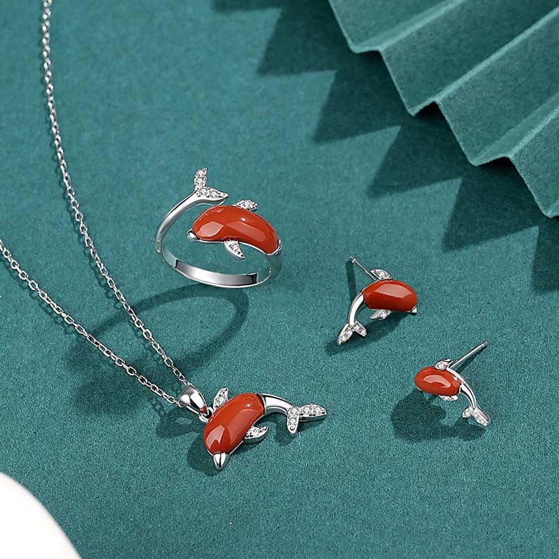 Juego de pendientes y anillo con colgante de plata de ley 925 con Buddha Stones , bonito delfín, Jade hetiano, ágata roja, suerte