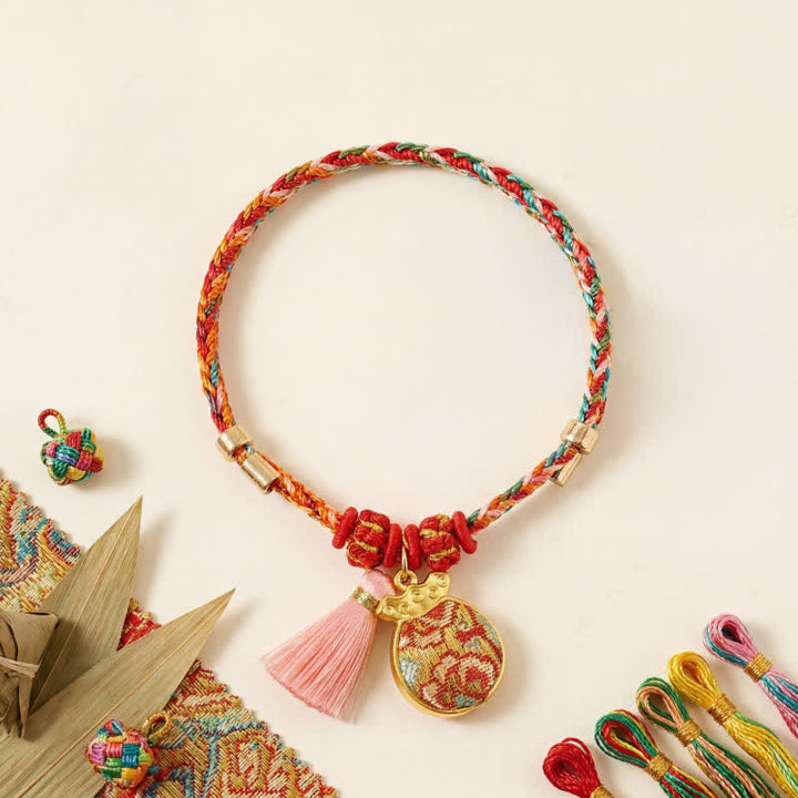 Buddha Stones Pulsera de protección con dije de candado chino, bolsa de dinero de manzana de cinco colores tejida a mano - image 25
