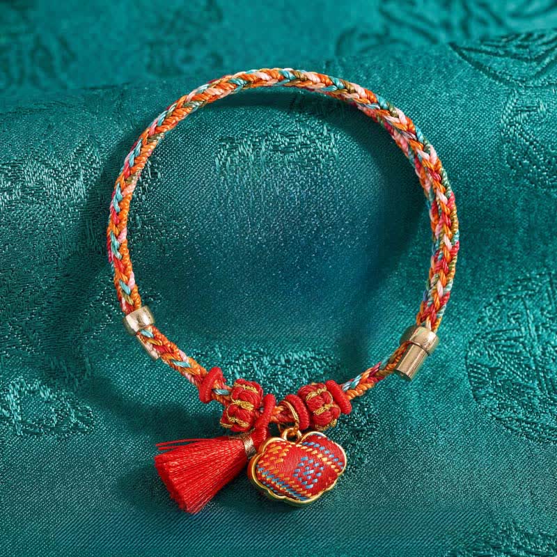 Buddha Stones Pulsera trenzada Zongzi con cordón de cinco colores hecho a mano, de brocado rojo, con forma de manzana, bolsa de dinero y calabaza. - image 1