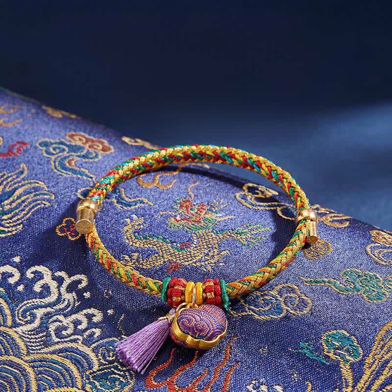 Buddha Stones Pulsera ajustable con cordón de cinco colores tejido a mano, brocado morado, candado chino, amuleto de manzana, bolsa de dinero y calabaza Zongzi. - Amuleto de candado chino (mismo tono de color, el diseño varía) - image 0